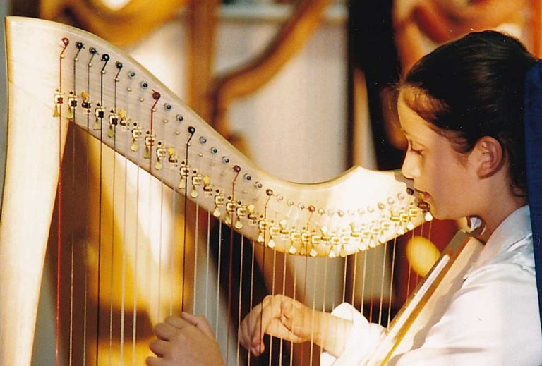 Side view of girl playing a harp