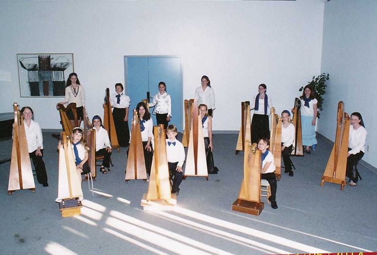 Ottawa Youth Harp Ensemble posing with their instruments