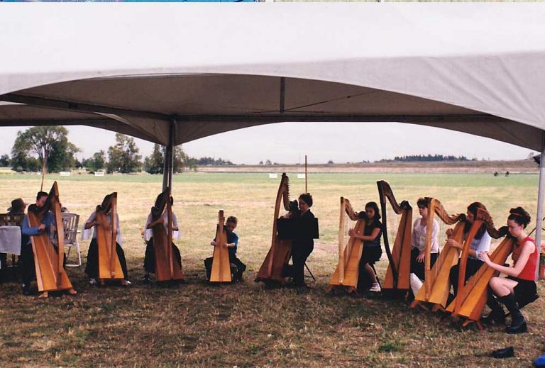 Full Ottawa Youth Harp Ensemble playing under tent